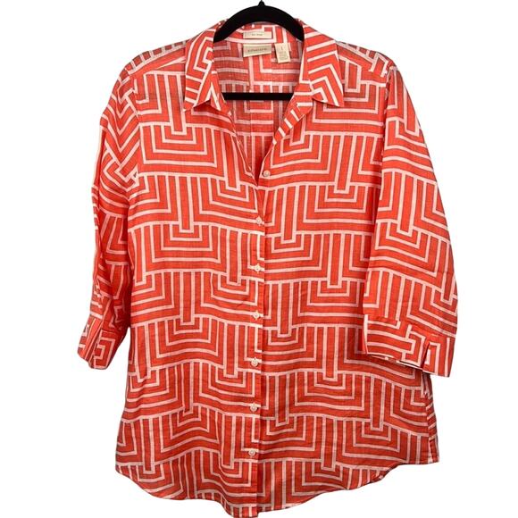 Chico's Vibrant Orange and White Patterned Button Down - Picture 1 of 8